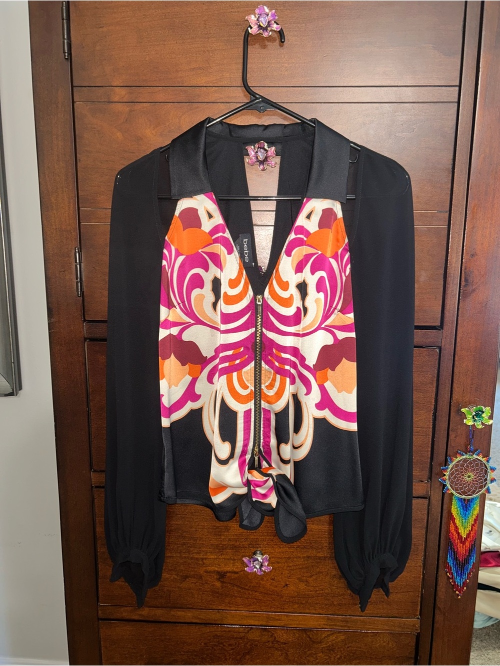 Bebe Black Front-Zip Blouse with Pink & Orange Abstract Front Panel/Front Tie